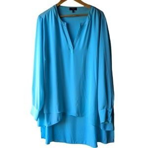 Kaari Blue Curvy Tunic Length V-Neck Long Sleeve Blouse Turquoise Blue 3X